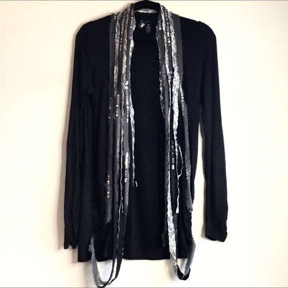 BKE Boutique cardigan with lace and sequin strips collar witchy boho hippie - Picture 1 of 4